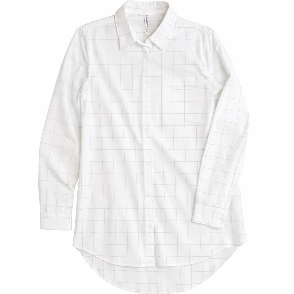 Athleta White Grid Button Down Shirt Minimalist Collared Lightweight Long Sleeve